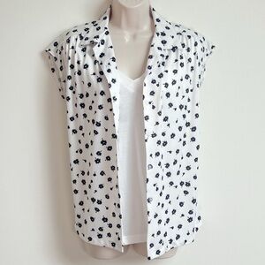 Vintage floral cap sleeve button down blouse top size small white black